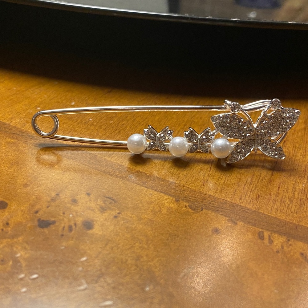 SOLD - Silver Butterfly Pearl Safety Pin Brooch